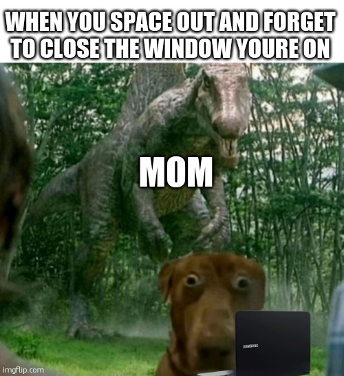 when you are sneaking | WHEN YOU SPACE OUT AND FORGET TO CLOSE THE WINDOW YOURE ON; MOM | image tagged in dinosaur behind dog | made w/ Imgflip meme maker