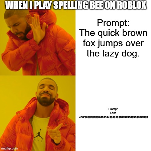 Drake Hotline Bling | WHEN I PLAY SPELLING BEE ON ROBLOX; Prompt:
The quick brown fox jumps over the lazy dog. Prompt:
Lake Chargoggagoggmanchauggagoggchaubunagungamaugg | image tagged in memes,drake hotline bling,chargoggagoggmanchauggagoggchaubunagungamaugg,bad grammar and spelling memes | made w/ Imgflip meme maker