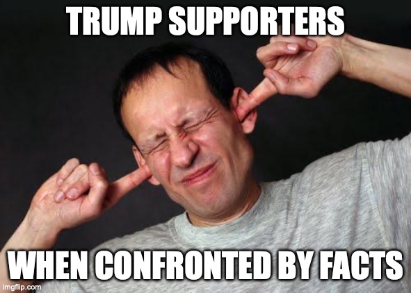 And a token "but Biden!" too if something did slip through. | TRUMP SUPPORTERS; WHEN CONFRONTED BY FACTS | image tagged in fingers in ears,donald trump,maga,deaf,dumb | made w/ Imgflip meme maker