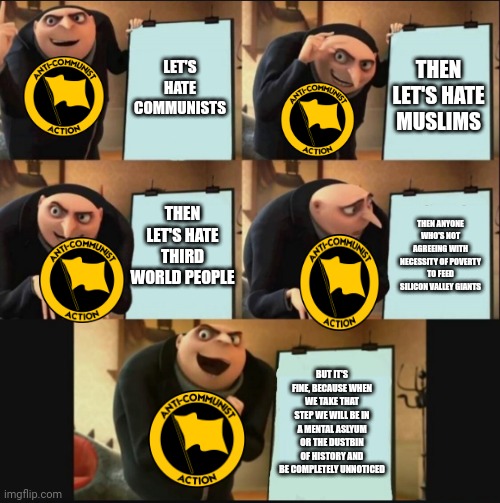 Average nationalist Anti communists | LET'S HATE COMMUNISTS; THEN LET'S HATE MUSLIMS; THEN LET'S HATE THIRD WORLD PEOPLE; THEN ANYONE WHO'S NOT AGREEING WITH NECESSITY OF POVERTY TO FEED SILICON VALLEY GIANTS; BUT IT'S FINE, BECAUSE WHEN WE TAKE THAT STEP WE WILL BE IN A MENTAL ASLYUM OR THE DUSTBIN OF HISTORY AND BE COMPLETELY UNNOTICED | image tagged in 5 panel gru meme,anti communism is cringe,communism | made w/ Imgflip meme maker
