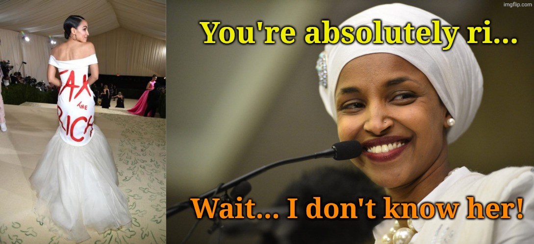 Let's play Sandy Sez! | You're absolutely ri... Wait... I don't know her! | image tagged in aoc and statement dress,ilan omar | made w/ Imgflip meme maker