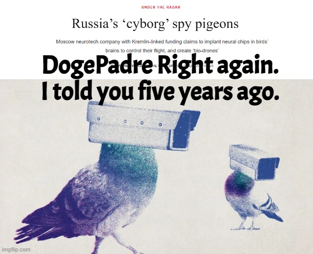 CIA birds were years ago | DogePadre Right again. I told you five years ago. | image tagged in cia,spy,birds,conspiracy theory,facts,cameras | made w/ Imgflip meme maker