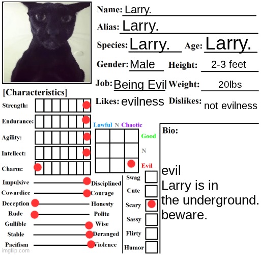 evil larry is in the underground now | Larry. Larry. Larry. Larry. Male; 2-3 feet; Being Evil; 20lbs; not evilness; evilness; evil Larry is in the underground. beware. | image tagged in character chart by liamsworlds | made w/ Imgflip meme maker