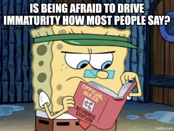 Is it immaturity? | IS BEING AFRAID TO DRIVE IMMATURITY HOW MOST PEOPLE SAY? | image tagged in sponge bob rule book | made w/ Imgflip meme maker