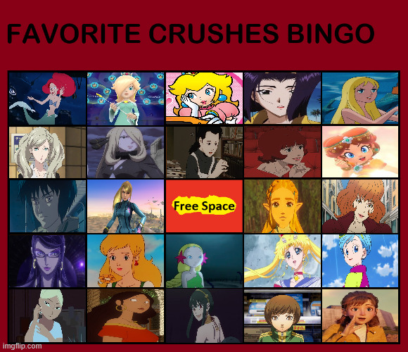 favorite crushes bingo | image tagged in favorite crushes bingo,bingos,anime,video games,animated movies,the little mermaid | made w/ Imgflip meme maker