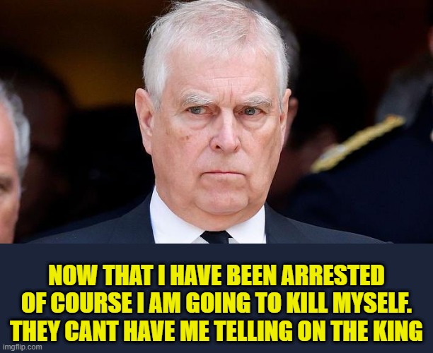 Andrew is going down and committing that final act | NOW THAT I HAVE BEEN ARRESTED OF COURSE I AM GOING TO KILL MYSELF. THEY CANT HAVE ME TELLING ON THE KING | image tagged in jeffrey epstein,epstein,pedophile,royal family,king charles,german | made w/ Imgflip meme maker