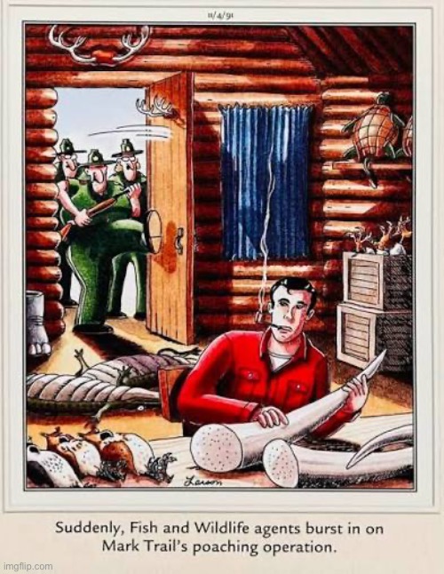 Who woulda thunk it? | image tagged in the far side,comics,mark trail,secret,poaching,fish and wildlife agents | made w/ Imgflip meme maker