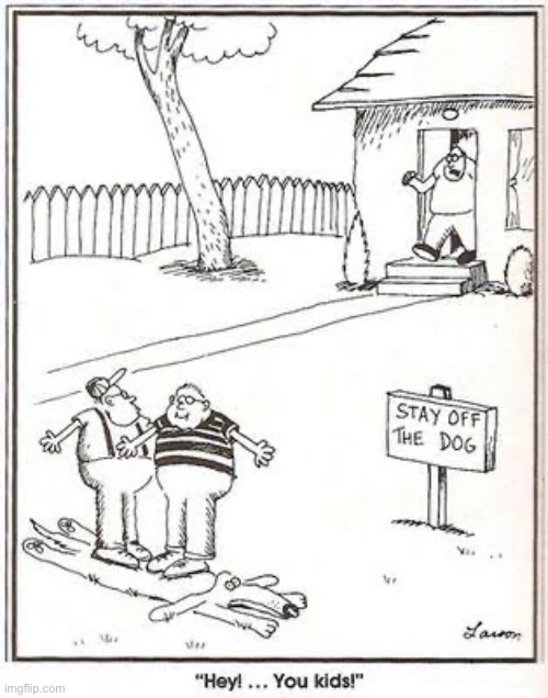 Those pesky kids! | image tagged in the far side,comics,yard,stay off,dog,kids | made w/ Imgflip meme maker