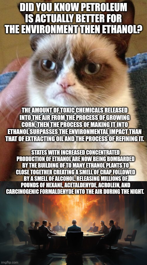 DID YOU KNOW PETROLEUM IS ACTUALLY BETTER FOR THE ENVIRONMENT THEN ETHANOL? THE AMOUNT OF TOXIC CHEMICALS RELEASED INTO THE AIR FROM THE PROCESS OF GROWING CORN, THEN THE PROCESS OF MAKING IT INTO ETHANOL SURPASSES THE ENVIRONMENTAL IMPACT THAN THAT OF EXTRACTING OIL AND THE PROCESS OF REFINING IT. STATES WITH INCREASED CONCENTRATED PRODUCTION OF ETHANOL ARE NOW BEING BOMBARDED BY THE BUILDING OF TO MANY ETHANOL PLANTS TO CLOSE TOGETHER CREATING A SMELL OF CRAP FOLLOWED BY A SMELL OF ALCOHOL. RELEASING MILLIONS OF POUNDS OF HEXANE, ACETALDEHYDE, ACROLEIN, AND CARCINOGENIC FORMALDEHYDE INTO THE AIR DURING THE NIGHT. | image tagged in memes,grumpy cat,secret society | made w/ Imgflip meme maker