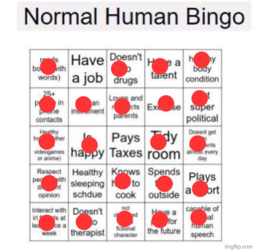 23/25 | image tagged in normal human bingo | made w/ Imgflip meme maker