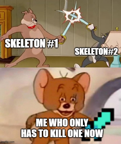 so fun to watch | SKELETON #1; SKELETON#2; ME WHO ONLY HAS TO KILL ONE NOW | image tagged in tom and jerry swordfight,memes,funny memes,funny,meme,skeleton | made w/ Imgflip meme maker