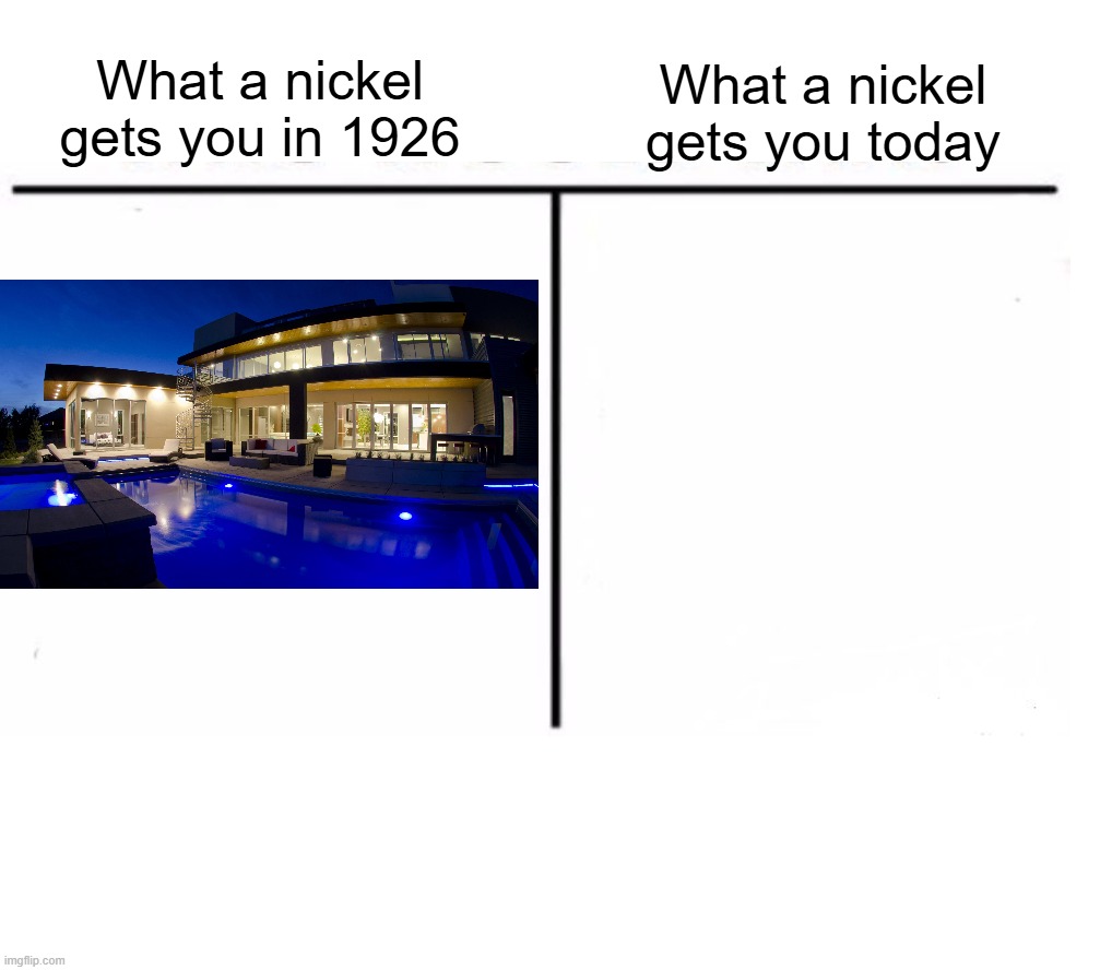 why are 5 cents even worthless now? | What a nickel gets you in 1926; What a nickel gets you today | image tagged in memes,comparison table,funny,nickel,relatable,fr | made w/ Imgflip meme maker