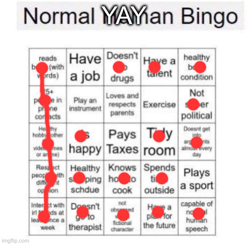 bingo | YAY | image tagged in normal human bingo | made w/ Imgflip meme maker