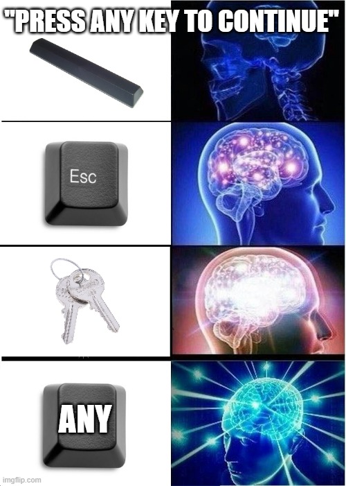 Press any key to continue | "PRESS ANY KEY TO CONTINUE"; ANY | image tagged in memes,expanding brain | made w/ Imgflip meme maker