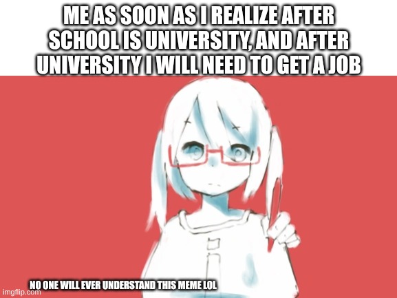 red pen please | ME AS SOON AS I REALIZE AFTER SCHOOL IS UNIVERSITY, AND AFTER UNIVERSITY I WILL NEED TO GET A JOB; NO ONE WILL EVER UNDERSTAND THIS MEME LOL | image tagged in blank white template | made w/ Imgflip meme maker
