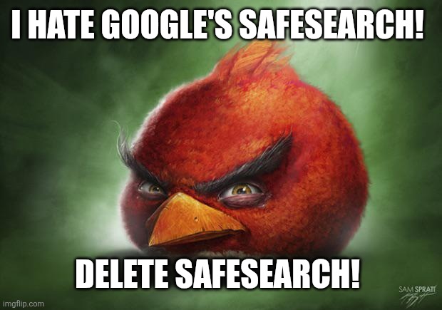 I hate Google's SafeSearch! | I HATE GOOGLE'S SAFESEARCH! DELETE SAFESEARCH! | image tagged in realistic angry birds red,google,angry birds,funny,weird,cursed | made w/ Imgflip meme maker