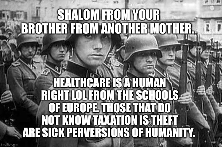 Grammar Nazi rank & file | SHALOM FROM YOUR BROTHER FROM ANOTHER MOTHER. HEALTHCARE IS A HUMAN RIGHT LOL FROM THE SCHOOLS OF EUROPE. THOSE THAT DO NOT KNOW TAXATION IS THEFT ARE SICK PERVERSIONS OF HUMANITY. | image tagged in grammar nazi rank file | made w/ Imgflip meme maker