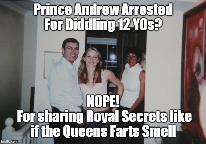 WHAT is wrong with this World ? | Prince Andrew Arrested
For Diddling 12 YOs? NOPE!
 For sharing Royal Secrets like if the Queens Farts Smell | image tagged in andrew arrested meme | made w/ Imgflip meme maker