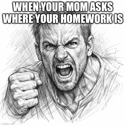 WHEN YOUR MOM ASKS WHERE YOUR HOMEWORK IS | image tagged in angry man shaking his fist | made w/ Imgflip meme maker