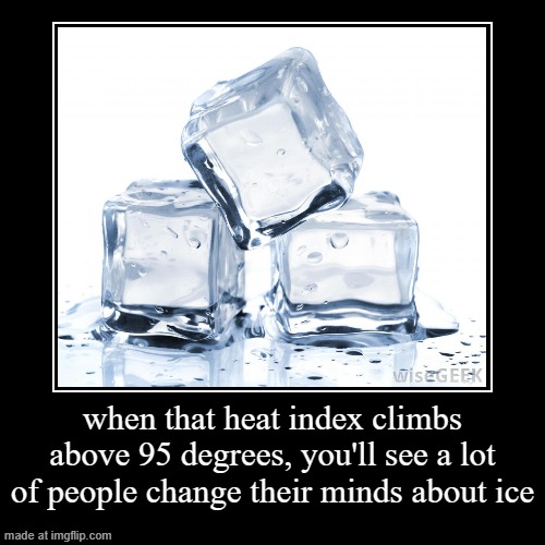 I support ice, ice is goated, maybe even the best ever | when that heat index climbs above 95 degrees, you'll see a lot of people change their minds about ice | | image tagged in demotivationals | made w/ Imgflip demotivational maker