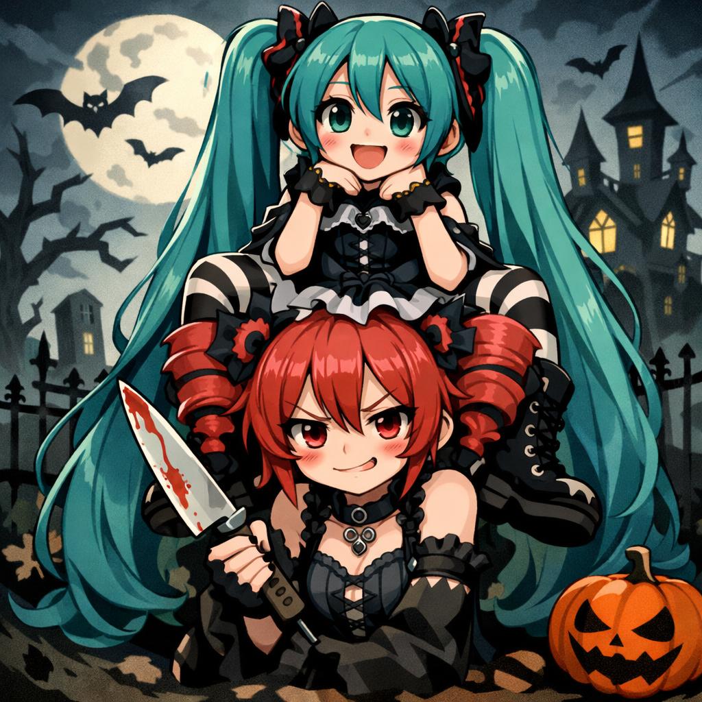 miku sitting on teto who has a knife Blank Meme Template