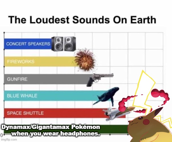 Loudest sound on planet earth. | Dynamax/Gigantamax Pokémon when you wear headphones. | image tagged in the loudest sounds on earth,pokemon | made w/ Imgflip meme maker