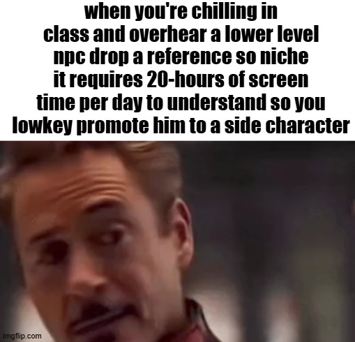 my man | when you're chilling in class and overhear a lower level npc drop a reference so niche it requires 20-hours of screen time per day to understand so you lowkey promote him to a side character | image tagged in memes,funny,niche | made w/ Imgflip meme maker