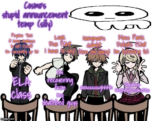 siiiiiigh | ELA class; I'm recovering from my deathbed guys; oooouuuuuughhhh; Signaling- AnythingBecomeMoe | image tagged in cosmo's stupid announcement temp silly | made w/ Imgflip meme maker