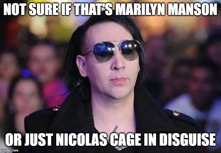 Marilyn or Nick? | NOT SURE IF THAT'S MARILYN MANSON; OR JUST NICOLAS CAGE IN DISGUISE | image tagged in music | made w/ Imgflip meme maker