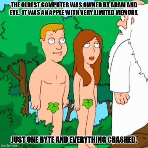 Daily Bad Dad Joke February 19, 2026 | THE OLDEST COMPUTER WAS OWNED BY ADAM AND EVE.  IT WAS AN APPLE WITH VERY LIMITED MEMORY. JUST ONE BYTE AND EVERYTHING CRASHED. | image tagged in adam and eve | made w/ Imgflip meme maker