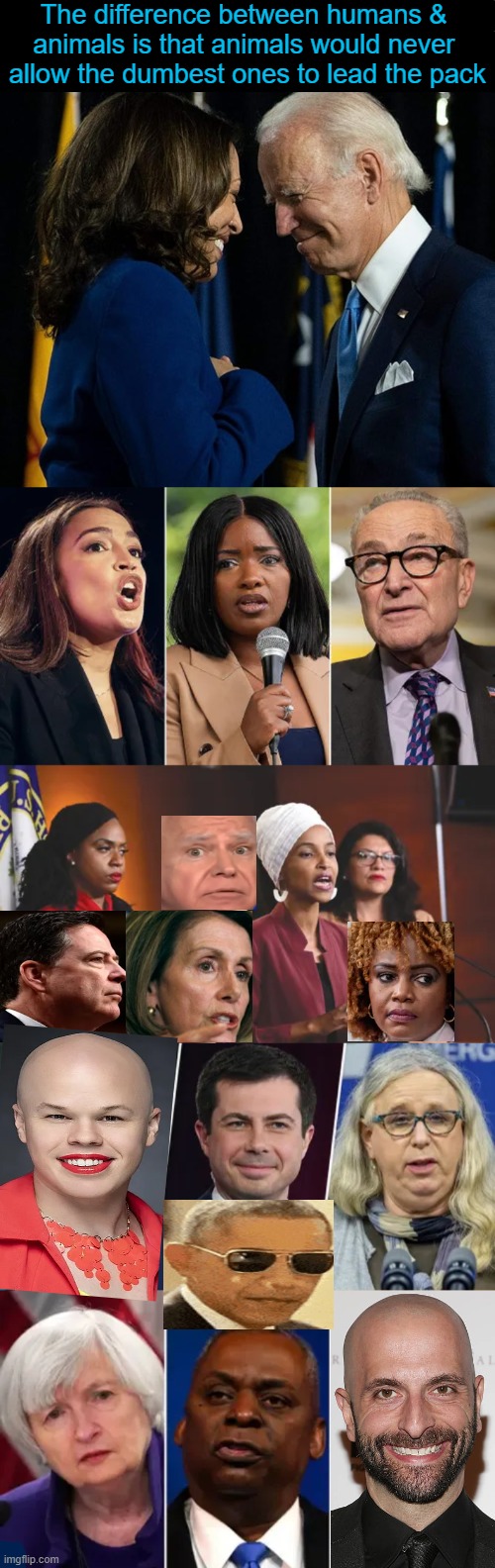 Animals are reliable, full of love, predictable in their actions, grateful, loyal & smart (& then there are Democrats)... | The difference between humans & 
animals is that animals would never 
allow the dumbest ones to lead the pack | image tagged in animals,smart animals,democrats,know the difference,leadership,political humor | made w/ Imgflip meme maker