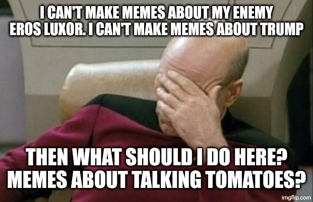 Captain Picard Facepalm Meme | I CAN'T MAKE MEMES ABOUT MY ENEMY EROS LUXOR. I CAN'T MAKE MEMES ABOUT TRUMP; THEN WHAT SHOULD I DO HERE? MEMES ABOUT TALKING TOMATOES? | image tagged in memes,captain picard facepalm | made w/ Imgflip meme maker