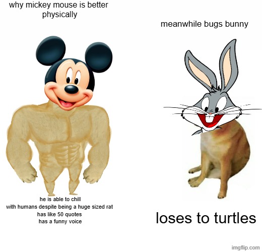 seriously mickey mouse beats bugs bunny | why mickey mouse is better 
physically; meanwhile bugs bunny; he is able to chill with humans despite being a huge sized rat 
has like 50 quotes 
has a funny voice; loses to turtles | image tagged in memes,buff doge vs cheems | made w/ Imgflip meme maker