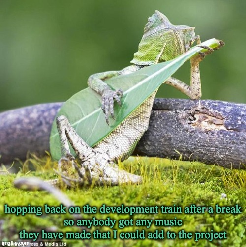 lizard guitar | hopping back on the development train after a break
so anybody got any music they have made that I could add to the project | image tagged in lizard guitar | made w/ Imgflip meme maker