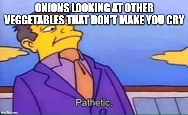 Onions are built differently | ONIONS LOOKING AT OTHER VEGGETABLES THAT DON'T MAKE YOU CRY | image tagged in skinner pathetic | made w/ Imgflip meme maker