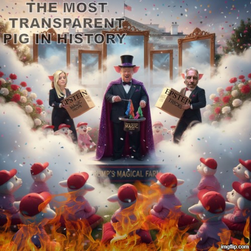 Trumppstein Smoke and Mirrors | THE MOST TRANSPARENT PIG IN HISTORY; EPSTEIN; EPSTEIN | image tagged in smoke and mirrors,trump,jeffrey epstein,cover up,maga | made w/ Imgflip meme maker