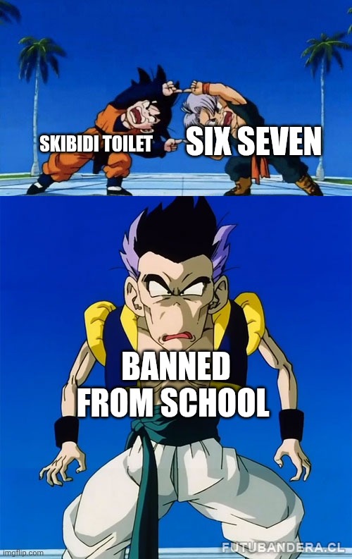 Great meme reset won't fail. But for now, the balls are inert | SIX SEVEN; SKIBIDI TOILET; BANNED FROM SCHOOL | image tagged in dbz fusion fail | made w/ Imgflip meme maker