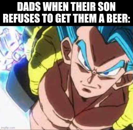 Time for a beatdown | DADS WHEN THEIR SON REFUSES TO GET THEM A BEER: | image tagged in beer,gogeta | made w/ Imgflip meme maker