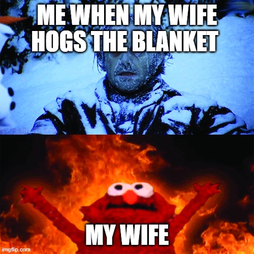 cant sleep | ME WHEN MY WIFE HOGS THE BLANKET; MY WIFE | image tagged in cold vs hot,memes | made w/ Imgflip meme maker