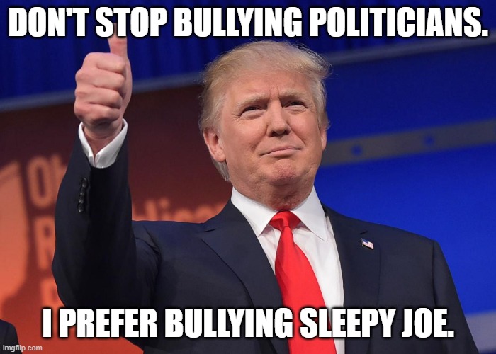 donald trump | DON'T STOP BULLYING POLITICIANS. I PREFER BULLYING SLEEPY JOE. | image tagged in donald trump | made w/ Imgflip meme maker