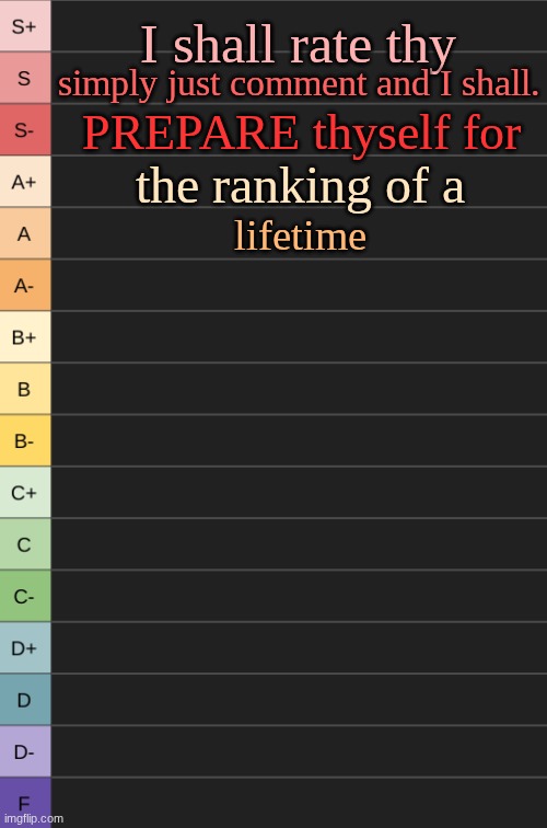 yoshi's new tierlist | I shall rate thy; simply just comment and I shall. PREPARE thyself for; the ranking of a; lifetime | image tagged in yoshi's new tierlist | made w/ Imgflip meme maker