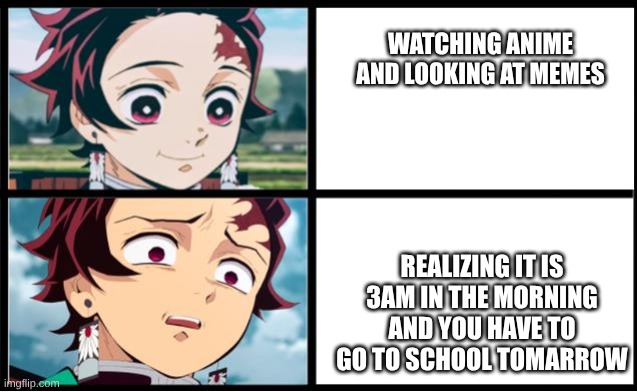Tanjiro approval | WATCHING ANIME AND LOOKING AT MEMES; REALIZING IT IS 3AM IN THE MORNING AND YOU HAVE TO GO TO SCHOOL TOMARROW | image tagged in tanjiro approval | made w/ Imgflip meme maker