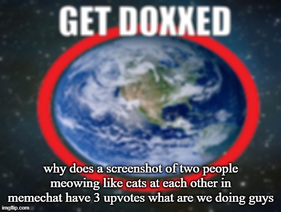 GET DOXXED! | why does a screenshot of two people meowing like cats at each other in memechat have 3 upvotes what are we doing guys | image tagged in get doxxed | made w/ Imgflip meme maker