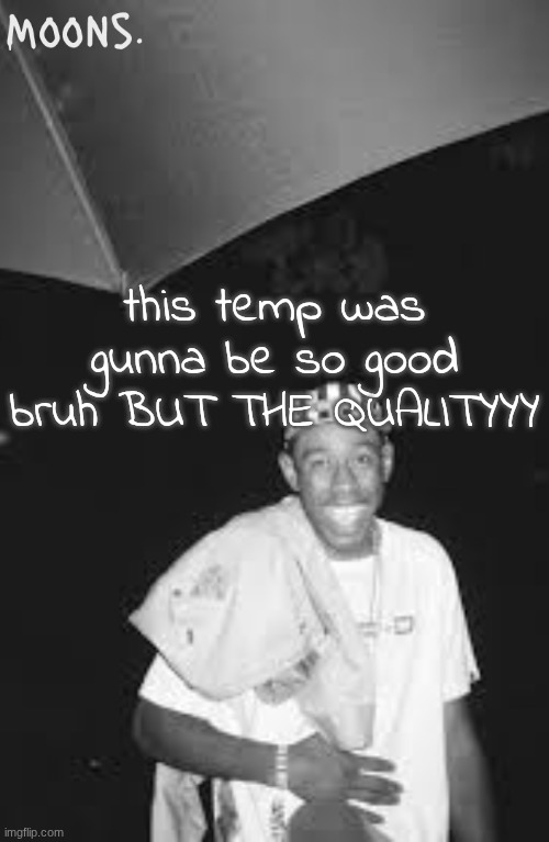 moons tyler temp | this temp was gunna be so good bruh BUT THE QUALITYYY | image tagged in moons tyler temp | made w/ Imgflip meme maker