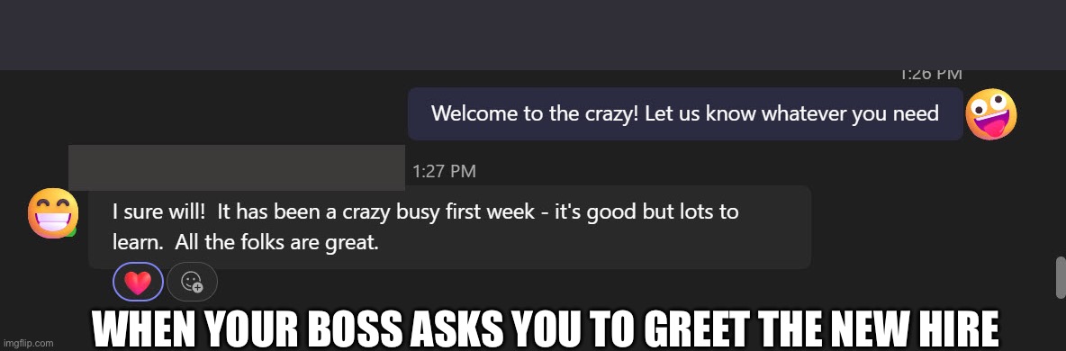 New Hire Introduction | WHEN YOUR BOSS ASKS YOU TO GREET THE NEW HIRE | image tagged in office humor | made w/ Imgflip meme maker