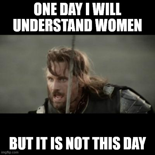 But it is not this day! | ONE DAY I WILL UNDERSTAND WOMEN; BUT IT IS NOT THIS DAY | image tagged in but it is not this day | made w/ Imgflip meme maker