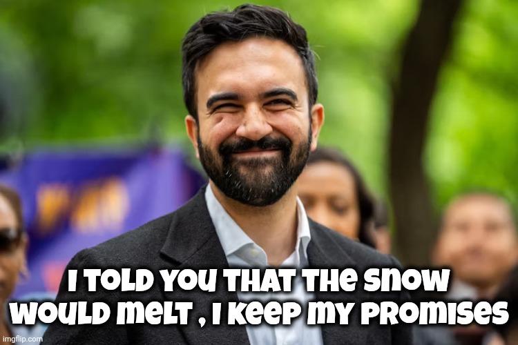 Zohran Mamdani grinning | I told you that the snow would melt , I keep my promises | image tagged in zohran mamdani grinning | made w/ Imgflip meme maker