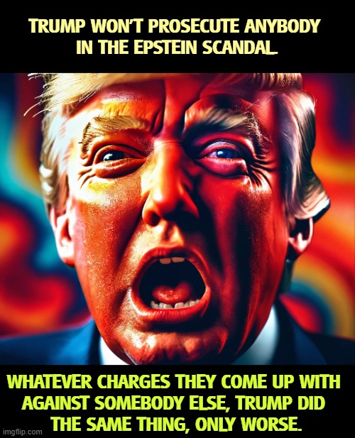 TRUMP WON'T PROSECUTE ANYBODY 
IN THE EPSTEIN SCANDAL. WHATEVER CHARGES THEY COME UP WITH 
AGAINST SOMEBODY ELSE, TRUMP DID 
THE SAME THING, ONLY WORSE. | image tagged in trump,jeffrey epstein,guilty,disgusting,criminals | made w/ Imgflip meme maker
