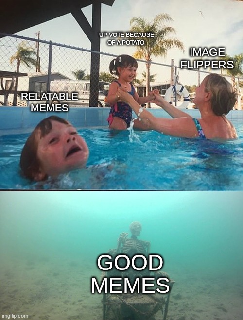 Mother Ignoring Kid Drowning In A Pool | UP VOTE BECAUSE OF A POTATO; IMAGE FLIPPERS; RELATABLE MEMES; GOOD MEMES | image tagged in mother ignoring kid drowning in a pool | made w/ Imgflip meme maker