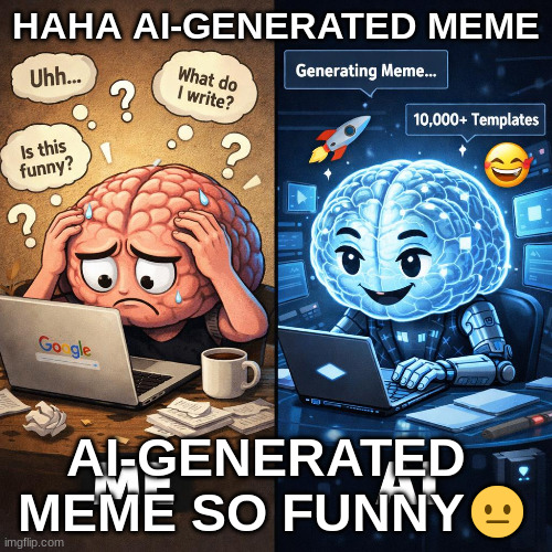 HAHA AI-GENERATED MEME; AI-GENERATED MEME SO FUNNY X; 😐 | image tagged in ai generated | made w/ Imgflip meme maker